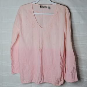 Caribbean Joe Pink Ombre Embroidered 100% Cotton Boho Tunic Top Women's Size XL‎